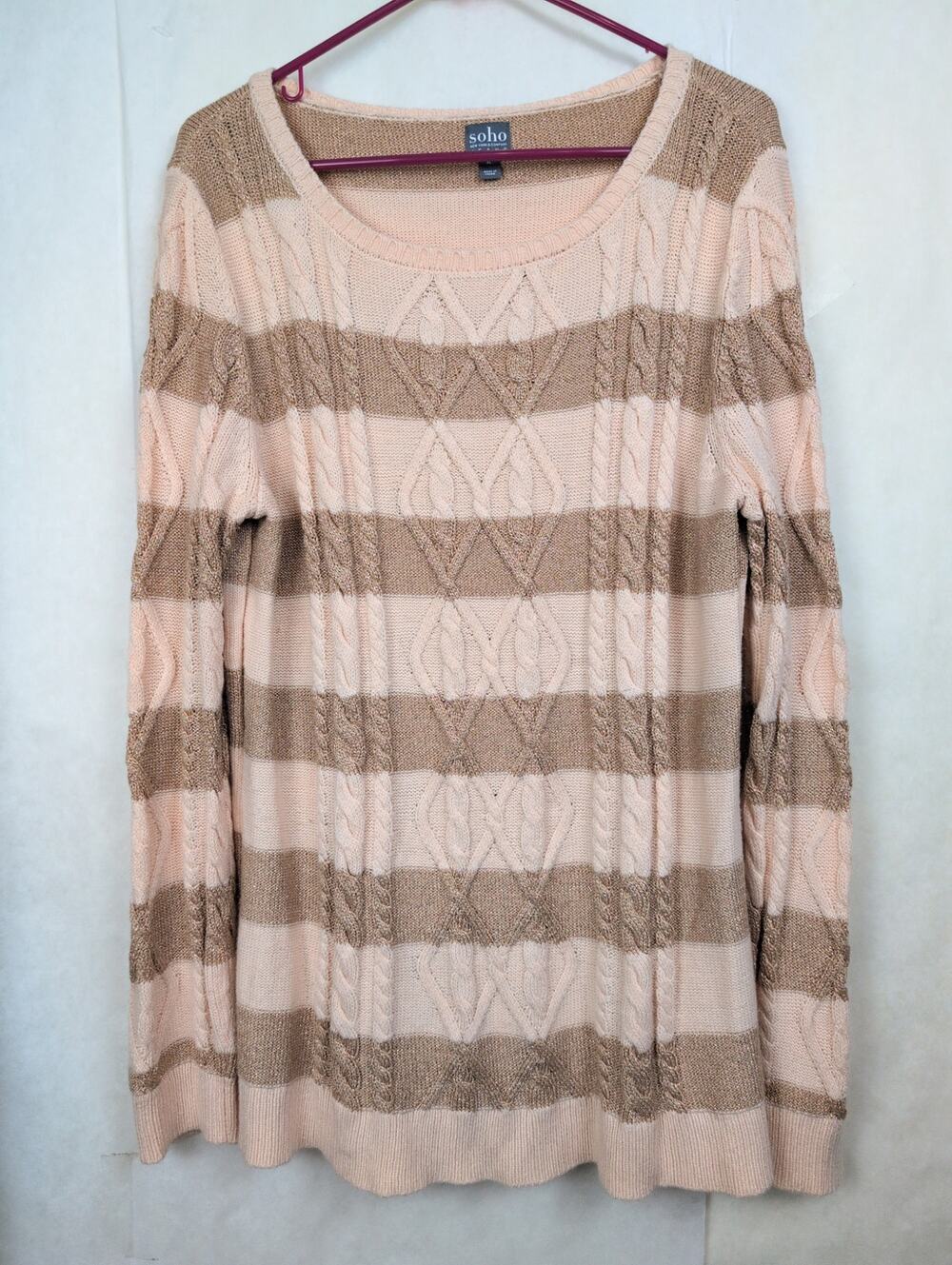 Soho Jeans cable knit metallic striped sweater Size XL Preppy Glam Fisherman